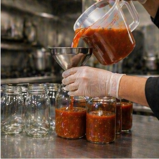 Hand-funneling sauce into jars